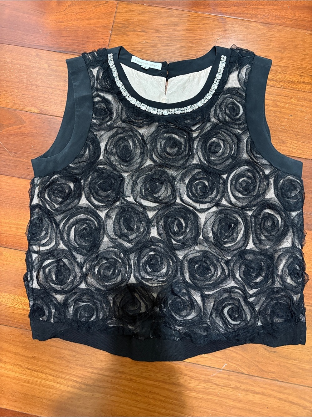 Corey Lynn Calter Black Rosette Appliqué Beaded-Neck Camisole